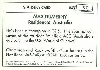 1991 World of Outlaws #97 Max Dumesny Back