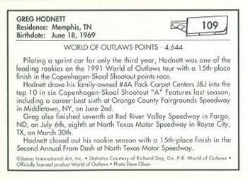 1991 World of Outlaws #109 Greg Hodnett's Car Back