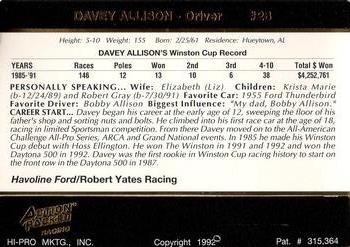 1992 Action Packed Allison Family #NNO Davey Allison Back