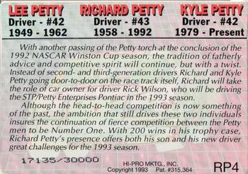 1992-93 Action Packed Richard Petty #RP4 Richard Petty / Kyle Petty Back