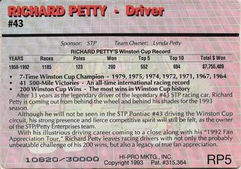 1992-93 Action Packed Richard Petty #RP5 Richard Petty Back