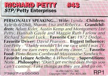 1992-93 Action Packed Richard Petty #RP1 Richard Petty Back