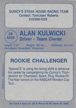 1986 Big League Cards Quincy's #29 A436 Alan Kulwicki Back