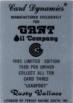 1993 Card Dynamics Gant Oil #3 Rusty Wallace Back