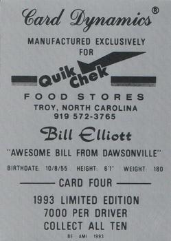 1993 Card Dynamics Quik Chek #4 Bill Elliott Back