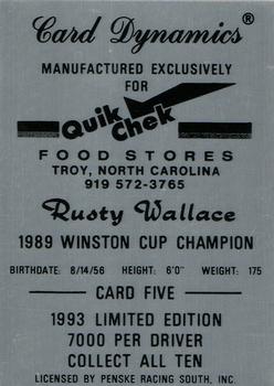 1993 Card Dynamics Quik Chek #5 Rusty Wallace Back