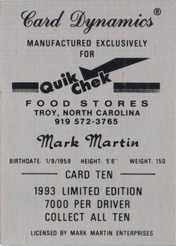 1993 Card Dynamics Quik Chek #10 Mark Martin Back