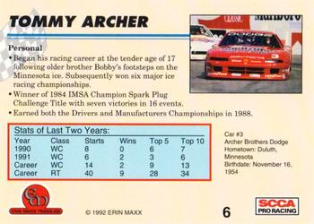 1992 Erin Maxx Trans-Am #6 Tommy Archer Back