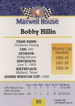 1993 Maxwell House #30 Bobby Hillin Jr. Back