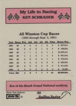 1992 Redline Racing My Life in Racing Ken Schrader #30 Ken Schrader Back