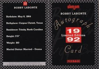 1992 Slim Jim Bobby Labonte #13 Bobby Labonte Back