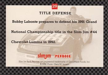 1992 Slim Jim Bobby Labonte #29 Bobby Labonte Back