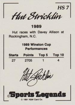 1991 K & M Sports Legends Hut Stricklin #HS7 Hut Stricklin's Car / Davey Allison's car Back