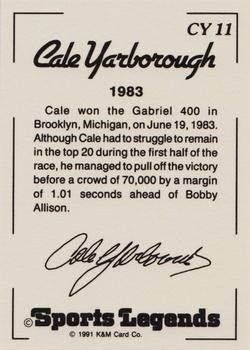 1991 K & M Sports Legends Cale Yarborough #CY11 Cale Yarborough Back
