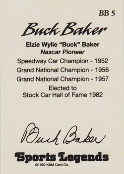 1992 K & M Sports Legends Buck Baker #BB 5 Buck Baker Back