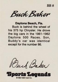 1992 K & M Sports Legends Buck Baker #BB 8 Buck Baker's Car Back