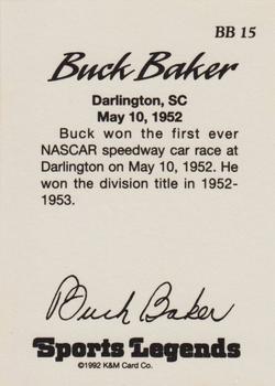 1992 K & M Sports Legends Buck Baker #BB 15 Buck Baker Back