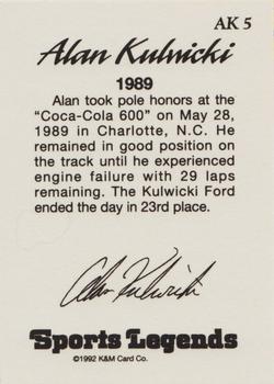 1992 K & M Sports Legends Alan Kulwicki #AK5 Alan Kulwicki Back