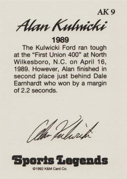 1992 K & M Sports Legends Alan Kulwicki #AK9 Alan Kulwicki's Car / Mark Martin's Car Back