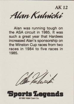 1992 K & M Sports Legends Alan Kulwicki #AK12 Alan Kulwicki Back
