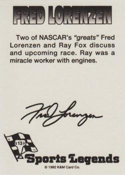1992 K & M Sports Legends Fred Lorenzen #13 Fred Lorenzen / Ray Fox Back