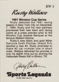 1992 K & M Sports Legends Rusty Wallace #RW 3 Rusty Wallace Back