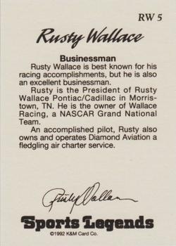 1992 K & M Sports Legends Rusty Wallace #RW 5 Rusty Wallace Back
