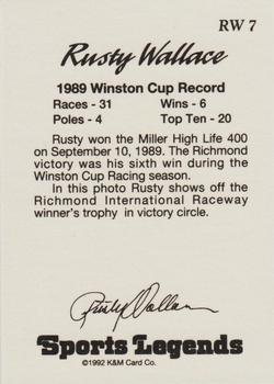 1992 K & M Sports Legends Rusty Wallace #RW 7 Rusty Wallace Back