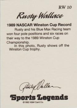 1992 K & M Sports Legends Rusty Wallace #RW 10 Rusty Wallace Back
