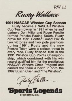 1992 K & M Sports Legends Rusty Wallace #RW 11 Rusty Wallace Back