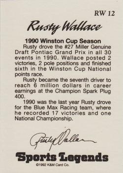 1992 K & M Sports Legends Rusty Wallace #RW 12 Rusty Wallace Back