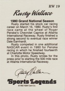 1992 K & M Sports Legends Rusty Wallace #RW 19 Rusty Wallace Back