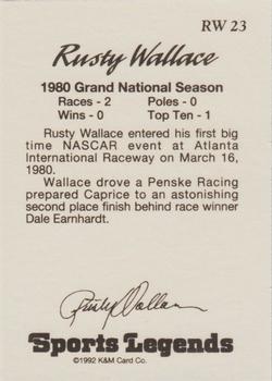 1992 K & M Sports Legends Rusty Wallace #RW 23 Rusty Wallace Back