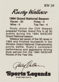 1992 K & M Sports Legends Rusty Wallace #RW 29 Rusty Wallace Back