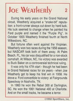 1992 SportStars Racing Collectibles #2 Joe Weatherly Back