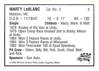 1992 Winner's Choice Mainiac #8 Marty LeBlanc Back