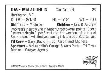 1992 Winner's Choice Mainiac #26 Dave McLaughlin Back