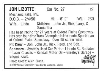 1992 Winner's Choice Mainiac #27 Jon Lizotte Back