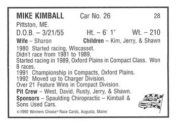 1992 Winner's Choice Mainiac #28 Mike Kimball Back