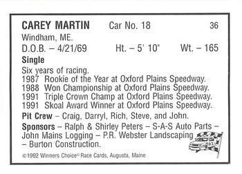 1992 Winner's Choice Mainiac #36 Cary Martin Back