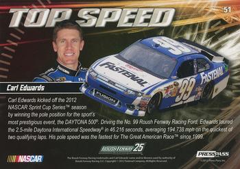 2012 Press Pass Ignite - Color Proof Yellow #51 Carl Edwards' car Back
