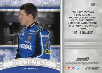 2012 Press Pass Fanfare - Magnificent Materials Silver #MM-CE Carl Edwards Back