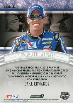 2012 Press Pass Fanfare - Magnificent Materials Signature Edition #MMSE-CE Carl Edwards Back