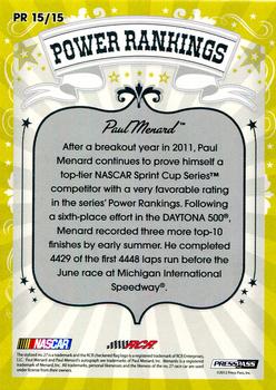 2012 Press Pass Fanfare - Power Rankings #PR 15 Paul Menard Back
