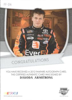 2012 Press Pass Fanfare - Autographs Silver #FF-DA Dakoda Armstrong Back