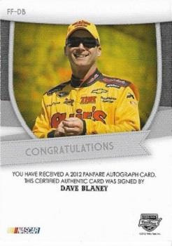 2012 Press Pass Fanfare - Autographs Gold #FF-DB Dave Blaney Back