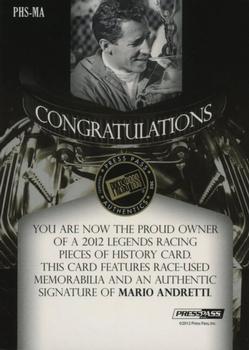 2012 Press Pass Legends - Pieces of History Memorabilia Autographs Gold #PHS-MA Mario Andretti Back