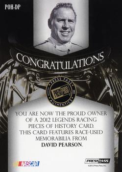 2012 Press Pass Legends - Pieces of History Memorabilia Gold #POH-DP David Pearson Back