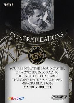 2012 Press Pass Legends - Pieces of History Memorabilia Gold #POH-MA1 Mario Andretti Back