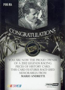 2012 Press Pass Legends - Pieces of History Memorabilia Gold #POH-MA2 Mario Andretti Back